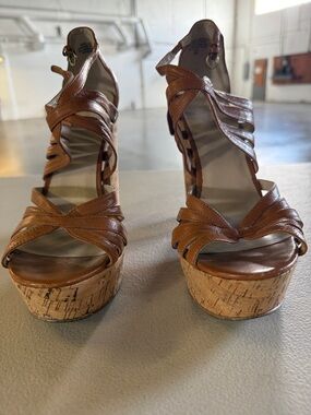 Nine West Tan Leather Cork Platform Sandals